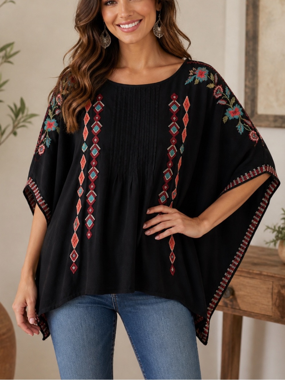 JWLA Johnny Was Dinah Black Floral Embroidered Poncho Oversized Boho Western Top